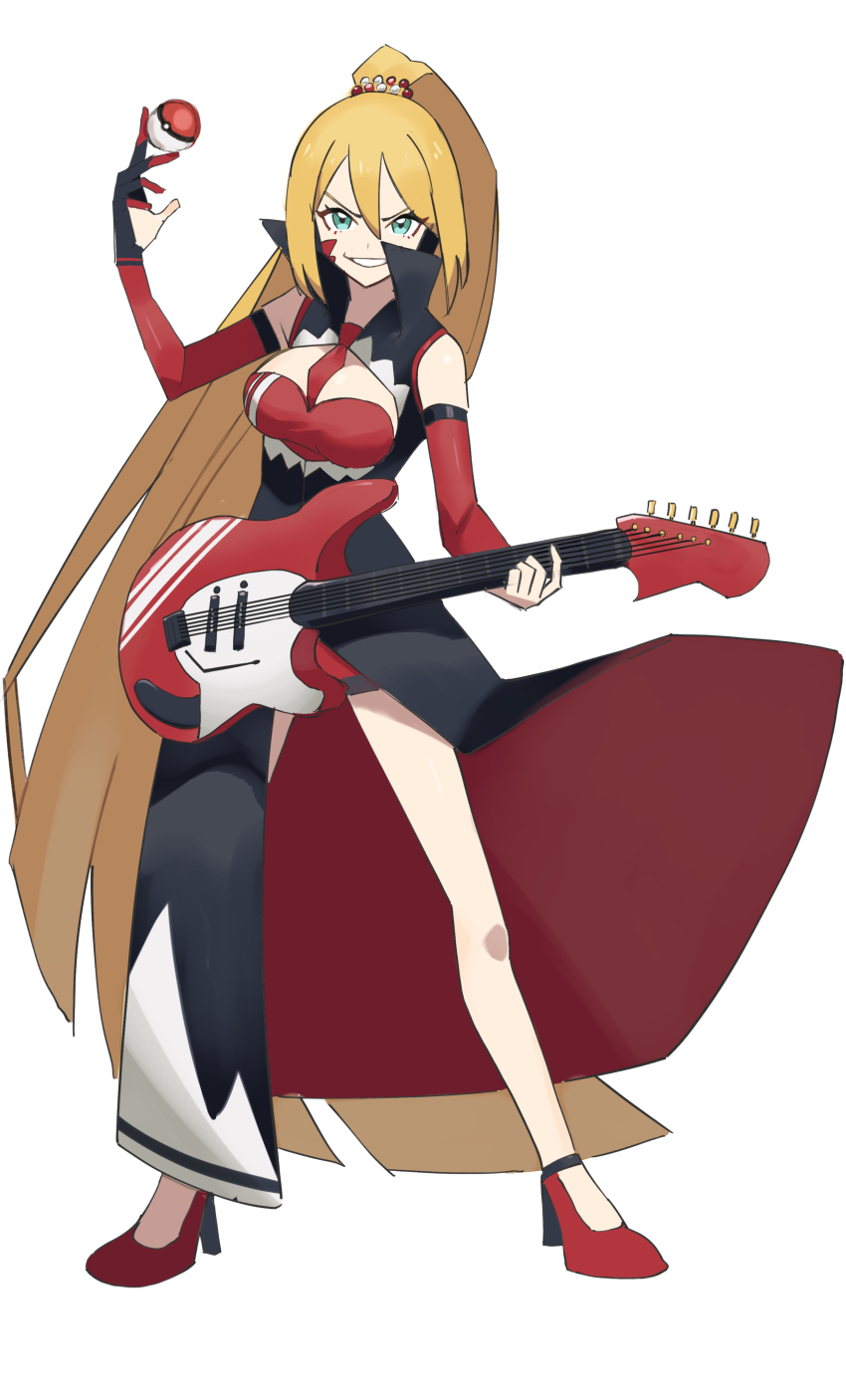 absurdres adapted_costume alternate_hair_length alternate_hairstyle bandeau beads between_fingers black_coat blue_eyes breast_cutout breasts coat commentary_request detached_sleeves facial_mark gloves grin guitar hair_beads hair_ornament hand_up high_collar high_heels high_ponytail highres hiragi_sage holding holding_guitar holding_instrument holding_poke_ball instrument large_breasts legs_apart long_hair long_sleeves looking_at_viewer necktie nintendo partially_fingerless_gloves poke_ball pokemon pokemon_swsh ponytail red_bandeau red_footwear red_necktie red_sleeves simple_background single_glove smile standing tsurumaki_maki v-shaped_eyebrows very_long_hair voiceroid white_background