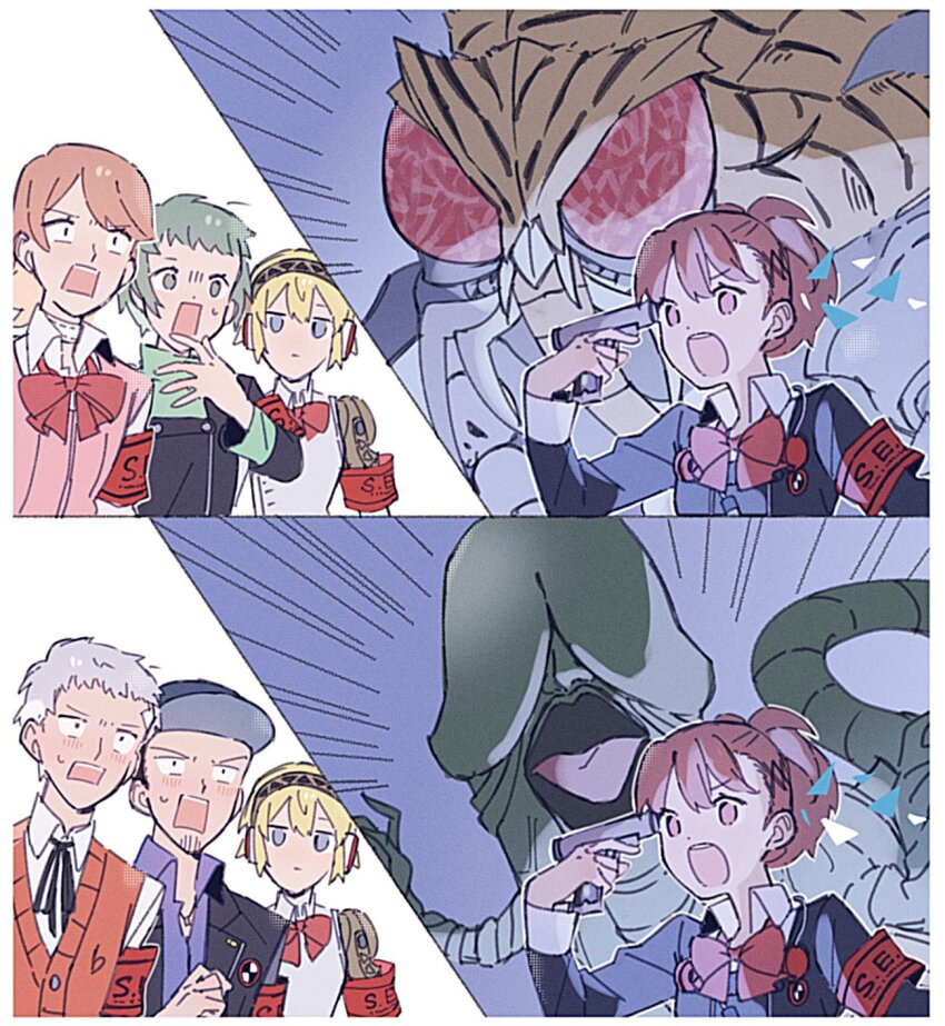 2boys 4girls aigis_(persona) armband beard_stubble beelzebub_(megami_tensei) black_jacket blonde_hair blue_hair blue_shirt blush bow bowtie brown_hair closed_mouth collared_shirt evoker facial_hair gekkoukan_high_school_uniform grey_hair gun gun_to_head hat highres holding holding_gun holding_weapon iori_junpei jacket mara_(megami_tensei) multiple_boys multiple_girls open_mouth paitan1007 persona persona_3 persona_3_portable phallic_symbol red_armband red_bow red_bowtie sanada_akihiko school_uniform shiomi_kotone shirt short_hair stubble sweat sweater_vest takeba_yukari weapon white_shirt yamagishi_fuuka