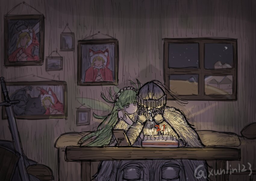 1boy 1girl absurdres armor bed birthday birthday_cake black_souls bright_pupils cake closed_mouth commentary_request crying fairy fairy_wings food full_armor green_hair grey_helmet grimm_(black_souls) hands_on_own_face helmet highres hug hug_from_behind indoors knight leaf_(black_souls) light_smile long_hair maid_headdress painting_(object) picture_frame pointy_ears poro_(black_souls) portrait_(object) red_hood_(black_souls) shield sitting sword table twitter_username very_long_hair weapon white_pupils window wings wooden_table xun_lin_(pixiv_93392103)