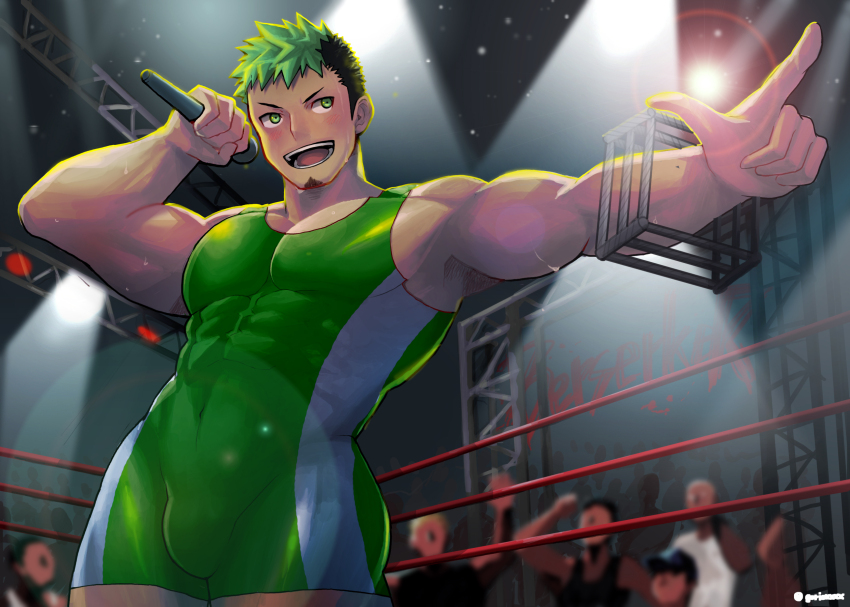 1boy bara black_hair bulge covered_abs cowboy_shot crowd dark-skinned_male dark_skin faceless facial_hair from_below goatee gorioxxxx green_eyes green_hair highres holding holding_microphone ikusaba_daisuke large_pectorals looking_to_the_side male_focus microphone multicolored_hair muscular muscular_male pectoral_cleavage pectorals pointing pointing_to_the_side short_hair sidepec solo spotlight thick_thighs thighs tokyo_houkago_summoners two-tone_hair wrestling_outfit wrestling_ring