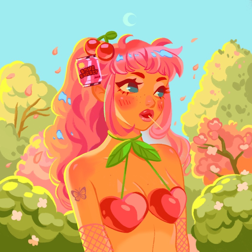 1girl bare_shoulders blue_eyes blush bra breasts butterfly_tattoo cherry_hair_ornament crescent_moon day fishnet_arm_warmers food-themed_hair_ornament freckles hair_ornament highres long_hair mole mole_on_breast moon mouth_hold original outdoors pink_hair pupe_(sennbee1027) sidelocks small_breasts solo tattoo tree underwear