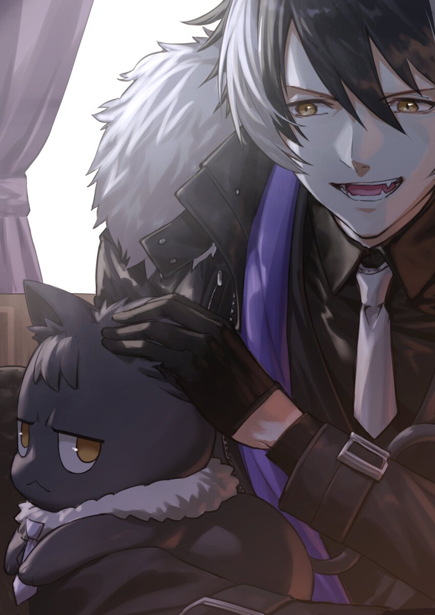 1boy :d absurdres animal animal_ears backlighting black_gloves black_hair black_jacket black_shirt black_vest cat curtains fangs fur-trimmed_jacket fur_trim gloves grey_cat hair_between_eyes half_gloves highres holding holding_animal holding_cat holostars indoors jackal_boy jackal_ears jacket kageyama_shien kageyama_shien_(1st_costume) long_sleeves looking_at_animal looking_at_viewer male_focus multicolored_hair necktie nekoyama_shien nemoto_yuuma open_mouth petting shirt short_hair sideways_glance smile solo stole teeth two-tone_hair upper_body v-shaped_eyebrows vest virtual_youtuber white_hair white_necktie yellow_eyes