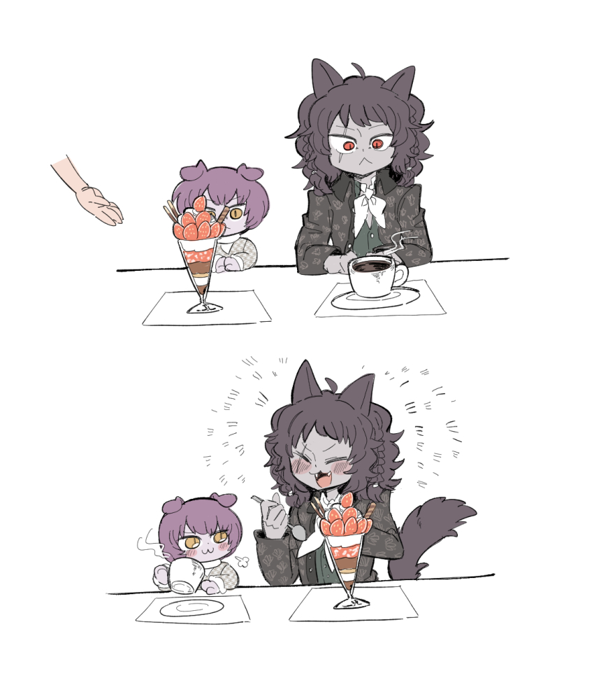 2boys :3 ^_^ animal_ears ascot basilio_(metaphor:_refantazio) black_coat braid brothers closed_eyes coat coffee coffee_mug collared_coat cup deformed disembodied_hand fangs fidelio_(metaphor:_refantazio) folded_ear food fruit glass highres holding holding_cup holding_spoon holding_utensil layered_sleeves looking_at_another looking_at_food male_focus metaphor:_refantazio mug multiple_boys open_mouth parfait patterned_clothing plate puff_of_air purple_hair red_eyes scar scar_across_eye scar_on_face short_hair siblings side_braid sitting slit_pupils spoon steam strawberry table tail tongue umainaotofu utensil wafer_stick white_ascot wing_collar yellow_eyes