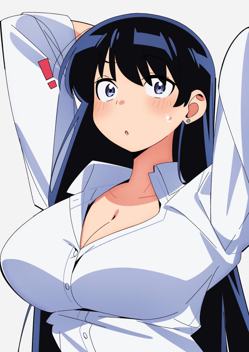 ! 1girl arato_nagi arms_up black_hair blue_eyes blush breasts buttons cleavage earrings highres jewelry large_breasts long_hair looking_at_viewer ruri_no_houseki sakura_1110ssmm shirt simple_background stud_earrings upper_body white_background white_shirt