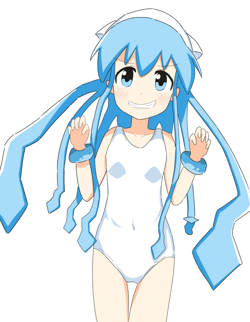 1girl absurdres blue_eyes blue_hair blush bracelet hat highres ikamusume jewelry one-piece_swimsuit shinryaku!_ikamusume simple_background solo squid_girl squid_hat swimsuit tentacle_hair tentacles user_xufu4373 white_background white_one-piece_swimsuit