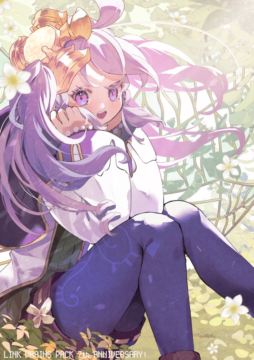 1girl aromage_jasmine blue_socks brown_shorts colored_eyelashes duel_monster flower green_shirt hair_ornament happy highres jacket jasmine_(flower) long_eyelashes long_hair looking_at_viewer open_clothes open_jacket plant purple_eyes purple_hair shirt shorts socks sunlight white_flower white_jacket winegrapeivy30 wings yu-gi-oh!