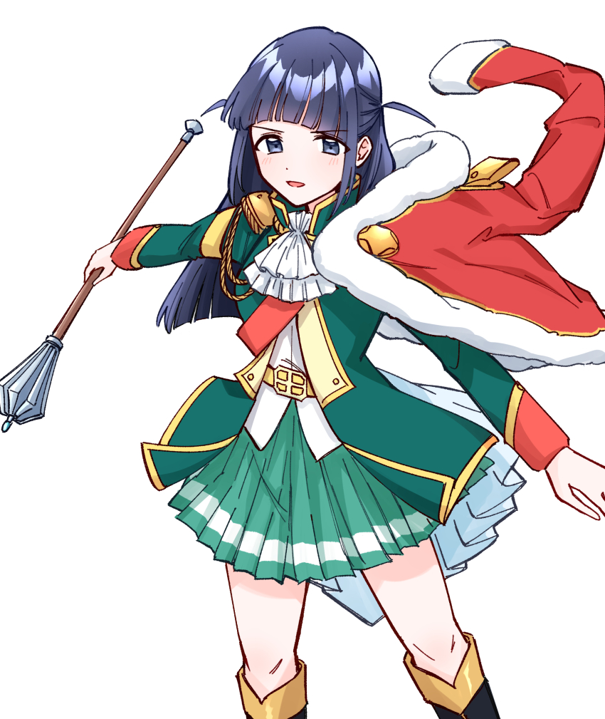 1girl aiguillette ascot belt belt_buckle black_boots black_hair blue_eyes blunt_bangs blunt_ends blush boots buckle commentary epaulettes feet_out_of_frame fur-trimmed_jacket fur_trim green_jacket hands_up highres holding holding_mace holding_weapon jacket jacket_on_shoulders knee_boots long_hair long_sleeves looking_at_viewer mace miniskirt open_clothes open_jacket outstretched_arms parted_lips pleated_skirt red_eyes red_sash sash shoujo_kageki_revue_starlight shoulder_sash simple_background single_stripe skirt solo standing striped_clothes striped_skirt symbol-only_commentary tsuyuzaki_mahiru two_side_up v-shaped_eyebrows waist_cape weapon white_ascot white_background yellow_belt zangemiya