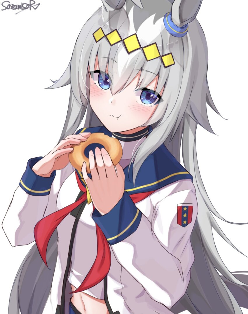1girl ahoge animal_ears blue_eyes donut eating food grey_hair highres holding holding_food horse_ears horse_girl long_hair looking_at_viewer multicolored_hair neckerchief oguri_cap_(umamusume) red_neckerchief sailor_collar sailor_shirt sazamiso_rx shirt signature simple_background solo umamusume upper_body white_background