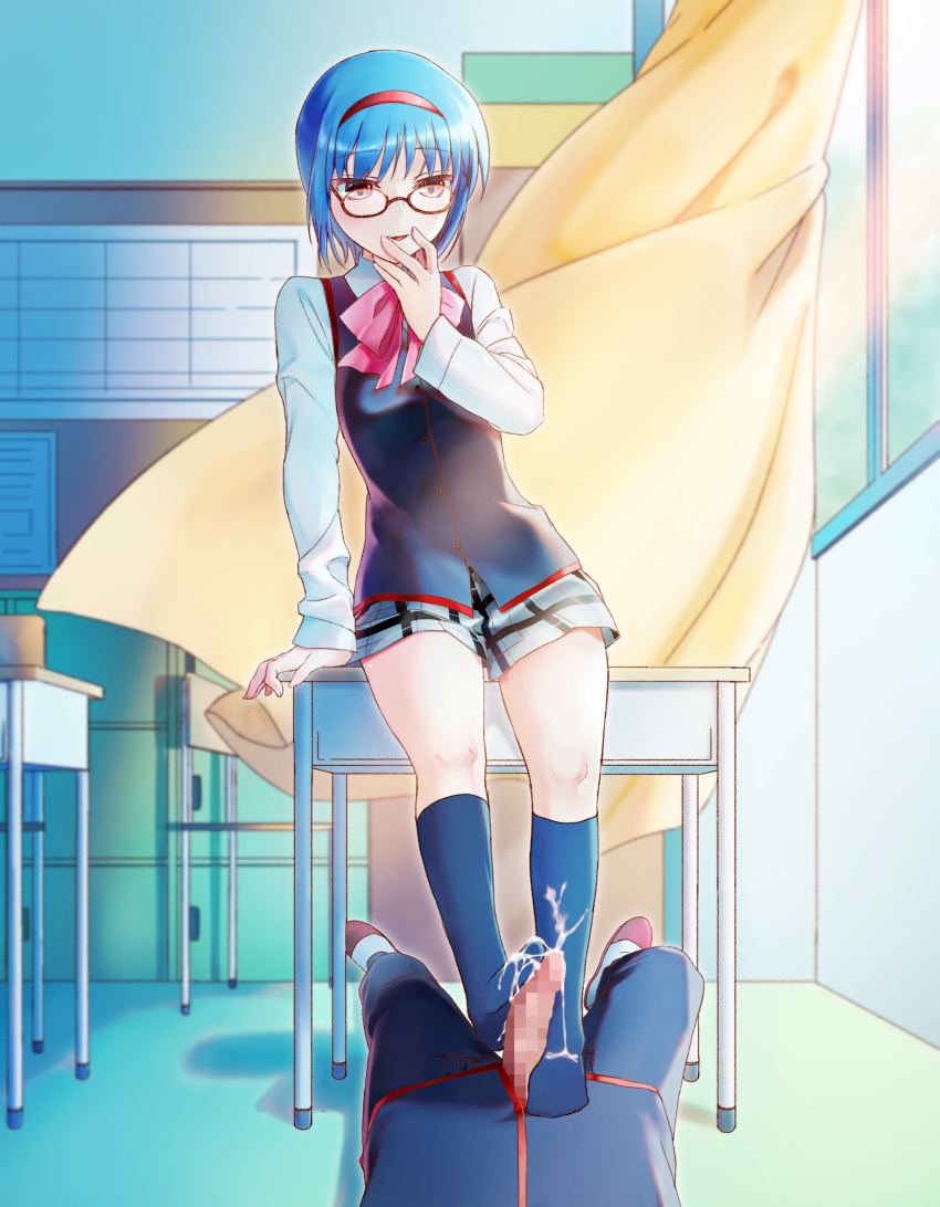 1boy 1girl absurdres arm_at_side arm_support bare_legs bespectacled black_socks black_vest blue_hair blush bow censored classroom commentary commission cum cum_on_body cum_on_clothes curtains desk erection feet finger_to_mouth footjob full_body glasses grey_skirt hair_between_eyes hairband hand_up highres kneehighs large_variant_set legs little_busters! little_busters!_school_uniform long_sleeves looking_at_penis looking_down lying miniskirt mosaic_censoring natsuoto_rito nishizono_midori no_shoes on_back open_mouth penis pink_bow plaid_clothes plaid_skirt red-framed_eyewear red_eyes red_hairband round_eyewear school_desk school_uniform shirt short_hair skeb_commission skirt smile socks solo_focus standing summer_uniform thighs two-footed_footjob variant_set vest white_shirt wind