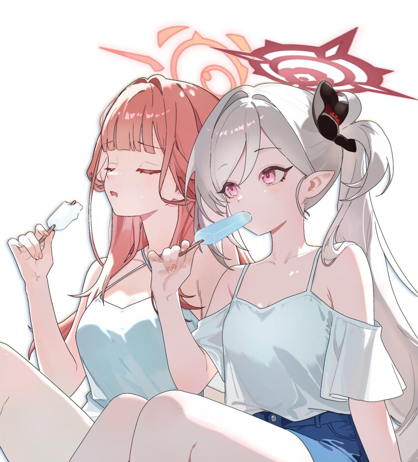 2girls alternate_costume aru_(blue_archive) bare_shoulders blue_archive breasts camisole closed_eyes commentary_request flower food food_in_mouth hair_flower hair_ornament halo highres holding holding_food holding_popsicle long_hair monaka3200 multiple_girls mutsuki_(blue_archive) pink_hair pointy_ears popsicle popsicle_in_mouth purple_eyes shorts side_ponytail simple_background sitting white_background white_camisole white_hair