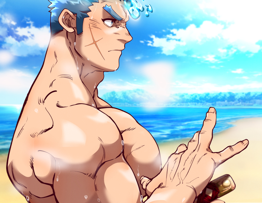 1boy bara beach biceps blue_eyes blue_fire blue_hair blurry blurry_background close-up day fiery_horns fire highres horns katana kizami_nori_to_yamaimo large_pectorals long_sideburns male_focus manly muscular muscular_arms muscular_male ocean pectorals sakimori_toji sand scar scar_on_face serious sideburns sky solo sword thick_eyebrows tokyo_houkago_summoners topless_male weapon wet