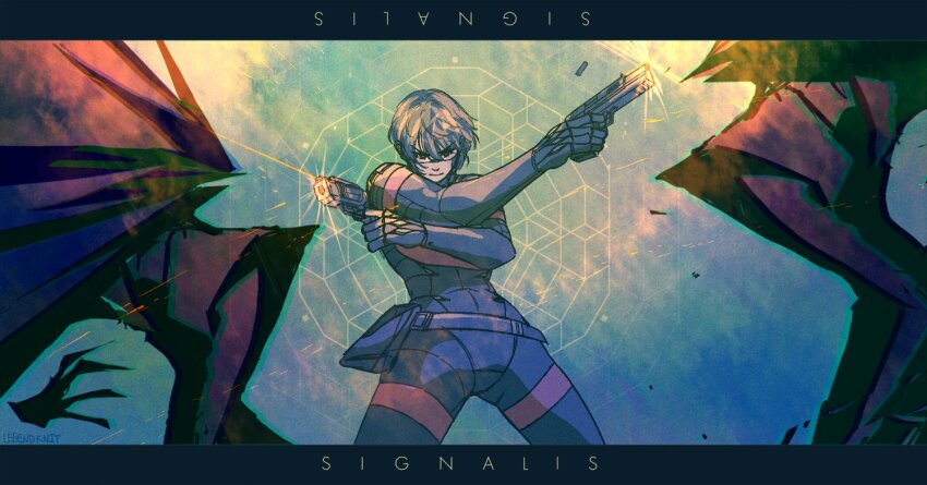 1girl android cyberpunk cz_75 elster_(signalis) eu-k508_s_einhorn gun handgun joints legend_knit low_bore_axis_revolver mechabare metal_skin monster pistol revolver robot_girl robot_joints science_fiction signalis snubnosed_revolver solo type-75_protektor weapon
