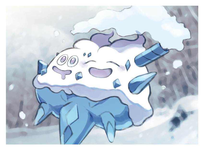 ^_^ blue_gemstone blue_sclera blurry blurry_background blush border closed_eyes colored_sclera drooling floating frost gem gen_5_pokemon happy highres mouth_drool multiple_heads nintendo no_humans open_mouth pokemon pokemon_(creature) purple_eyes smile solo souji_touban two_heads vanilluxe white_border