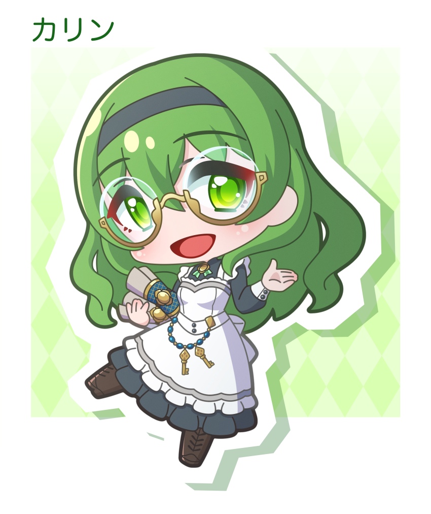 1girl :d absurdres apron argyle_background black_dress black_hairband boots breasts brown-framed_eyewear brown_boots chibi commentary_request dress frilled_apron frilled_dress frills full_body glasses green_eyes green_hair hair_between_eyes hairband highres karin_(princess_connect!) lace-up_boots long_sleeves looking_at_viewer open_mouth outline princess_connect! puffy_long_sleeves puffy_sleeves saishosaisekojo semi-rimless_eyewear small_breasts smile solo under-rim_eyewear white_apron white_outline