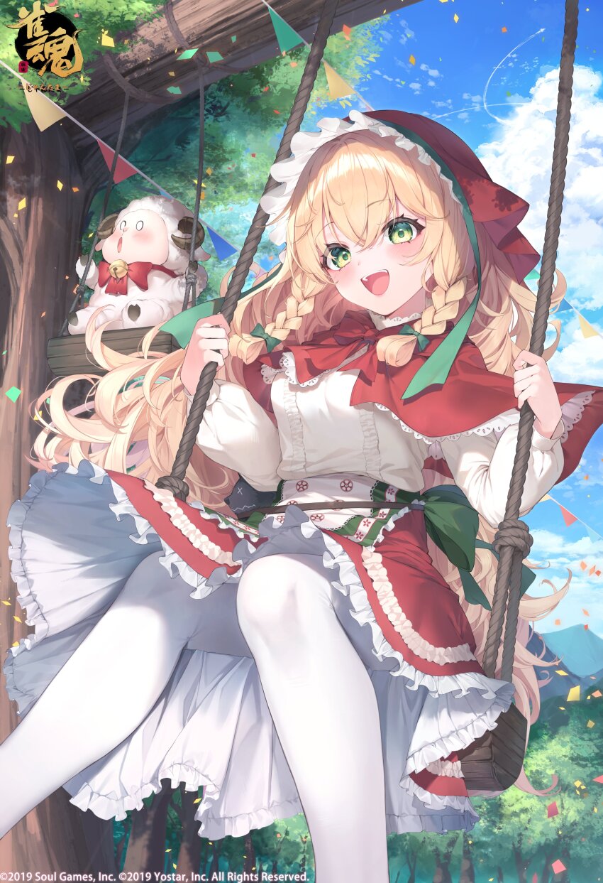 0_0 1girl :d absurdres apron bell birthday blonde_hair blush bow bowtie braid braided_sidelock breasts capelet cloud cloudy_sky commentary_request convenient_leg copyright_name copyright_notice creature day eliisa_(mahjong_soul) feet_out_of_frame forest frilled_headwear frilled_shirt frilled_skirt frills green_apron green_bow green_eyes green_pupils hair_between_eyes hair_bow hands_up highres jingle_bell knees logo long_hair long_sleeves looking_at_viewer mahjong_soul medium_breasts medium_skirt mizuiro_raika nature official_art on_swing open_mouth outdoors pantyhose pennant puffy_long_sleeves puffy_sleeves red_bow red_bowtie red_capelet red_skirt rope sheep shirt shirt_tucked_in sidelocks sitting skirt sky smile solo string_of_flags swing swinging swinging_on_swing teeth tree twin_braids two-sided_fabric two-sided_skirt two-tone_skirt upper_teeth_only very_long_hair waist_apron waist_bow watermark wavy_hair white_pantyhose white_shirt white_skirt yostar