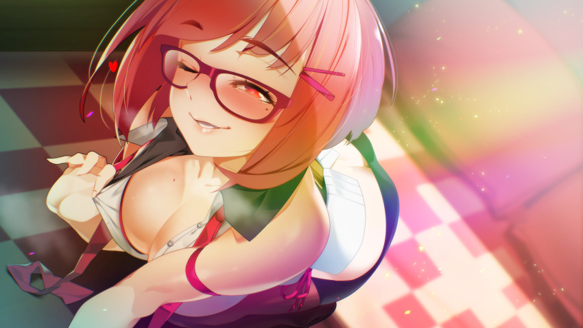1girl ass bare_shoulders belt black_belt black_skirt blunt_bangs blush bob_cut bra bra_peek bra_strap breasts butt_crack cleavage clothes_pull collarbone game_cg hair_ornament hairpin half-closed_eye heart heart-shaped_pupils highres indoors joo_mi-ra light_particles looking_at_viewer medium_breasts miniskirt miracle_snack_shop mole mole_on_breast mole_under_eye naughty_face non-web_source nose_blush official_art one_eye_closed orange_eyes orange_hair parted_lips pink_lips pov purple-framed_eyewear rectangular_eyewear red_bra red_thighhighs shirt shirt_pull short_hair skirt sleeveless sleeveless_shirt smile solo strap_slip symbol-shaped_pupils teeth thighhighs ukero unbuttoned unbuttoned_shirt underwear untied_ribbon white_shirt