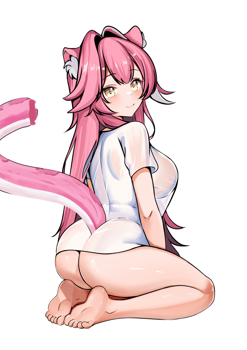 1girl absurdres animal_ear_fluff animal_ears ass barefoot breasts cat_ears cat_girl cat_tail closed_mouth feet full_body hair_intakes highres hololive hololive_english kneeling large_breasts looking_at_viewer panpanmc4 pink_hair raora_panthera see-through_clothes see-through_shirt shirt simple_background smile soles solo tail thighs toes virtual_youtuber white_background white_shirt yellow_eyes