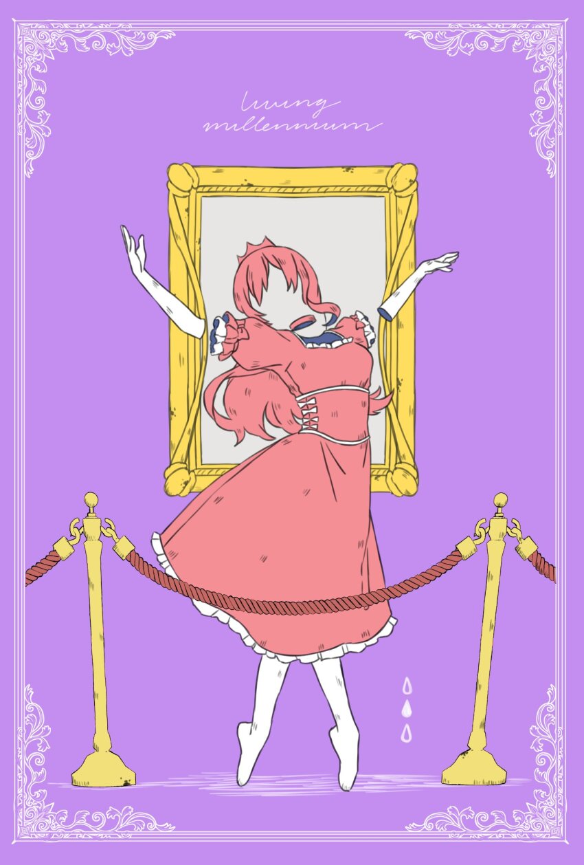 1000-nen_ikiteru_(vocaloid) 1girl arms_up border choker crown dress elbow_gloves frilled_dress frills full_body gloves highres iki_(iyowa) invisible iyowa_girls kuiruri long_hair ornate_border pantyhose picture_frame pink_choker pink_dress pink_hair purple_background short_sleeves solo stanchion standing tiptoes white_gloves white_pantyhose
