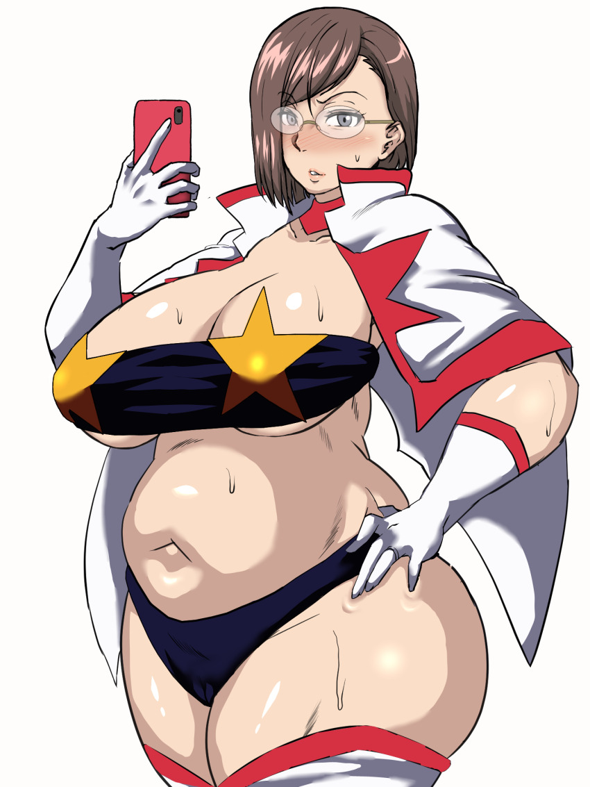 1girl breasts cape cellphone cosplay cowboy_shot glasses gloves grey_eyes highres huge_breasts large_breasts mature_female navel panties pasties phone plump sakurai_haruko simple_background smartphone solo space_yoko space_yoko_(cosplay) star_(symbol) star_pasties sweat thick_thighs thighs um25254645ne underwear uzaki-chan_wa_asobitai! white_background yoko_littner yoko_littner_(cosplay)