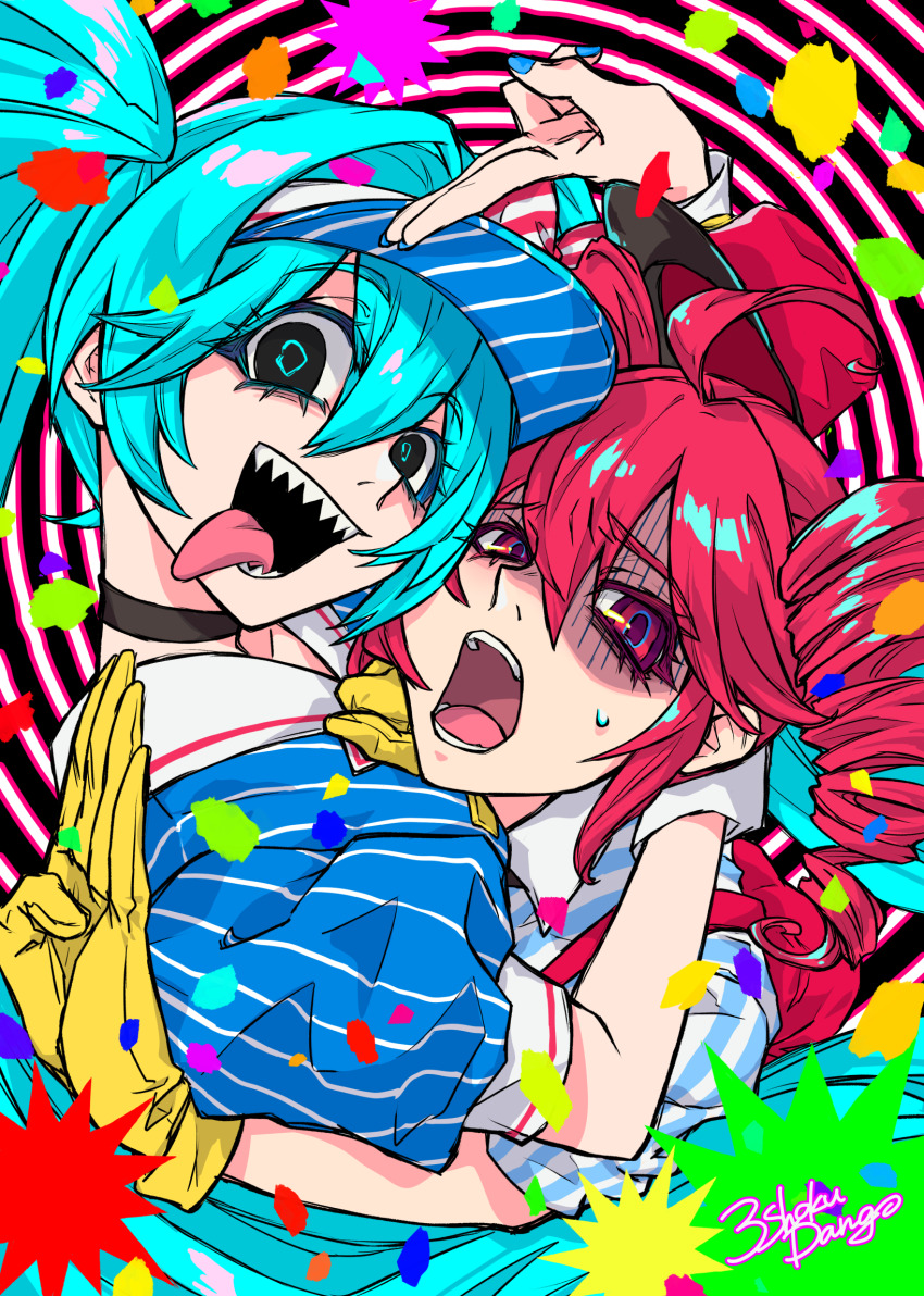 2girls 3sanshokudango3 ahoge aqua_hair aqua_pupils black_choker black_eyes blue_dress blue_nails choker clip_studio_paint_(medium) colored_eyelashes commentary confetti dress drill_hair empty_eyes gloves hatsune_miku highres hug kasane_teto looking_at_viewer looking_to_the_side mesmerizer_(vocaloid) multicolored_eyes multiple_girls nervous open_mouth pink_eyes pink_hair pinstripe_dress pinstripe_pattern pinstripe_shirt puffy_short_sleeves puffy_sleeves purple_eyes red_suspenders scared sharp_teeth shirt short_sleeves spiral_background striped_clothes striped_dress striped_shirt suspenders sweatdrop synthesizer_v teeth tongue tongue_out twin_drills twintails upper_body vertical-striped_clothes vertical-striped_dress vertical-striped_shirt vocaloid wrist_cuffs yellow_gloves