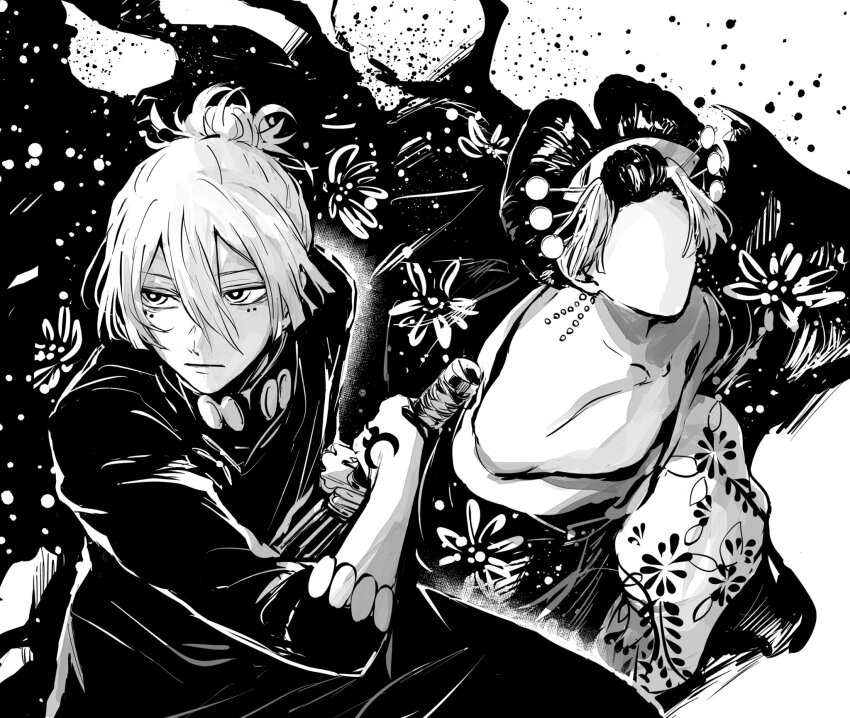 1boy 21g_yaseru facial_mark familiar hair_knot hand_tattoo highres hiruhiko_(kagurabachi) holding holding_sword holding_weapon kagurabachi katana monochrome oiran sheath shikigami sword tattoo unsheathing weapon