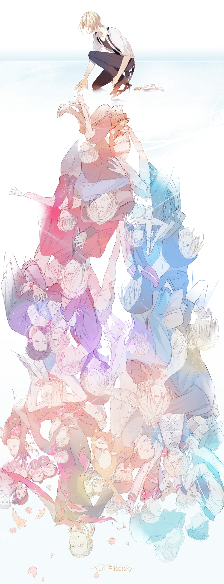 10s 6+boys 6+girls ^_^ absurdres animal_ears blonde_hair cat cat_ears character_name child different_reflection dog closed_eyes fake_animal_ears green_eyes hair_over_one_eye haizhe highres hug ice_skates jacket katsuki_mari katsuki_yuuri lilia_baranovskaya makkachin medal multiple_boys multiple_girls muted_color nikolai_plisetsky nishigoori_axel nishigoori_loop nishigoori_lutz nishigoori_takeshi nishigoori_yuuko okukawa_minako on_one_knee open_mouth otabek_altin petals ponytail reflection skates smile stuffed_animal stuffed_cat stuffed_toy suspenders tears track_jacket viktor_nikiforov yakov_feltsman aged_down yuri!!!_on_ice yuri_plisetsky