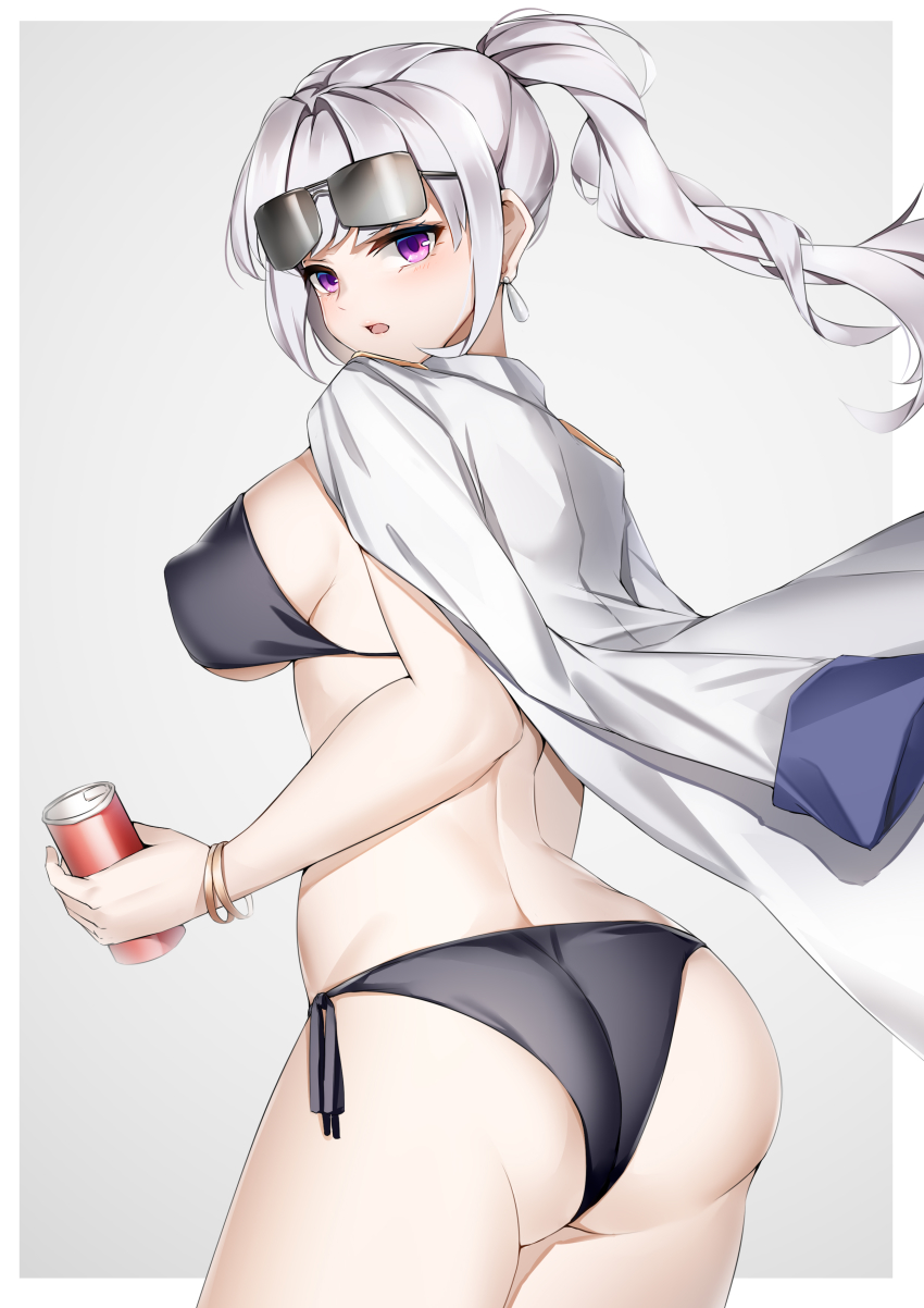 1girl absurdres ass back bikini black_bikini black_bra black_panties blazer blush bra bracelet bracer breasts eyewear_on_head female_focus glasses grey_background hair_ornament highres jacket jacket_on_shoulders jewelry large_breasts long_hair looking_at_viewer looking_back lubikaya massachusetts open_clothes open_mouth panties ponytail purple_eyes side-tie_bikini_bottom solo swimsuit thighs underwear warship_girls_r white_hair