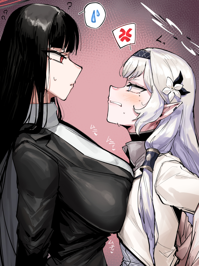 2girls ? anger_vein asymmetrical_docking black_hair black_hairband black_jacket blazer blue_archive blunt_bangs blush breast_conscious breast_press breasts clenched_teeth commentary_request earclip eye_contact flat_chest glaring grey_hair hairband halo highres himari_(blue_archive) huge_breasts jacket long_hair looking_at_another mole mole_under_eye multiple_girls pointy_ears profile rio_(blue_archive) spoken_anger_vein spoken_sweatdrop straight_hair sweatdrop sweater takutaku12364 teeth upper_body very_long_hair white_jacket white_sweater