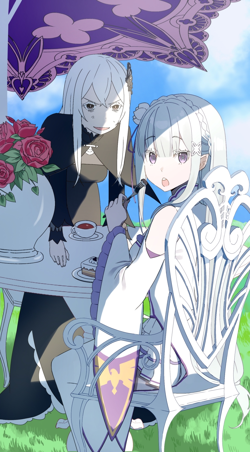 2girls absurdres anger_vein annoyed black_dress black_eyes blue_sky butterfly_hair_ornament cake cake_slice chair cloud commentary cup dress echidna_(re:zero) emilia_(re:zero) flower flower_pot food forced_smile fork full_body hair_flower hair_ornament highres hikimori_hikiko holding holding_fork long_hair multiple_girls on_chair open_mouth pointy_ears purple_eyes re:zero_kara_hajimeru_isekai_seikatsu red_flower red_rose rose sidelocks sitting sky surprised sweat table tea teacup umbrella white_dress white_hair