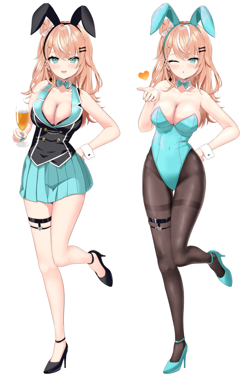 1girl absurdres animal_ears aqua_bow aqua_bowtie aqua_leotard aqua_skirt black_vest blowing_kiss blue_eyes bow bowtie breasts bunny_garden buttons cleavage detached_collar double-breasted fake_animal_ears full_body hair_bun hand_on_own_hip highres igarashi_rika large_breasts leotard long_hair looking_at_viewer multicolored_hair multiple_views nijisanji nontraditional_playboy_bunny orange_hair pantyhose playboy_bunny rabbit_ears sanko_(nisanko) single_side_bun skirt strapless strapless_leotard streaked_hair thighband_pantyhose vest virtual_youtuber white_hair wrist_cuffs