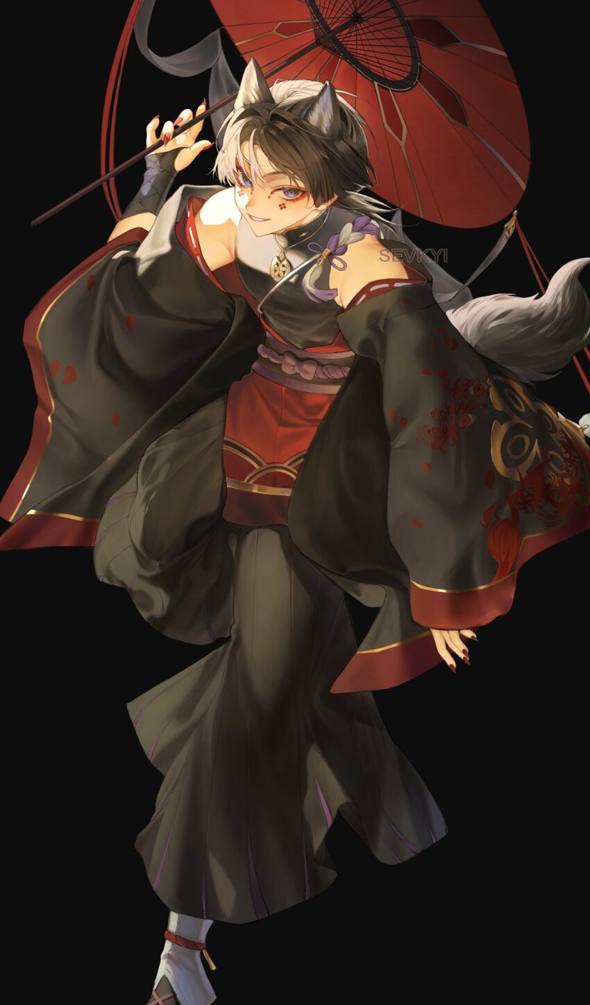 1boy adapted_costume animal_ear_fluff animal_ears arm_at_side armor artist_name belt black_background black_belt black_bodysuit black_eyes black_footwear black_hair black_kimono black_pants black_sleeves blunt_ends bodysuit bow eyelashes eyeliner eyeshadow facial_mark fingernails fox_ears fox_tail full_body genshin_impact gold_necklace gold_pendant hakama hakama_pants hand_up highres holding holding_umbrella japanese_armor japanese_clothes jewelry kimono kote kurokote layered_sleeves leggings long_sleeves looking_at_viewer makeup male_focus necklace oil-paper_umbrella open_clothes open_kimono pants parted_lips pelvic_curtain pleated_pants purple_bow purple_rope red_eyeliner red_eyeshadow red_nails red_rope red_sleeves red_umbrella ribbon-trimmed_sleeves ribbon_trim rope scaramouche_(genshin_impact) sevkyi sharp_fingernails shimenawa slit_pupils smile solo tail umbrella white_leggings white_mouth white_rope wide_sleeves