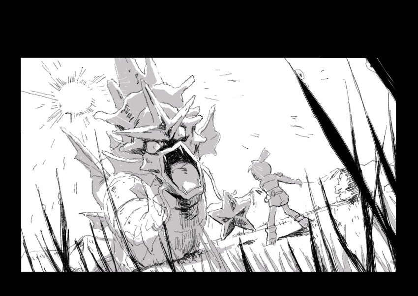1girl boots from_behind gen_1_pokemon grass gyarados helmet holding misty_(pokemon) monochrome nintendo pokemon pokemon_(creature) pokemon_adventures ponytail short_hair shorts standing staryu sun