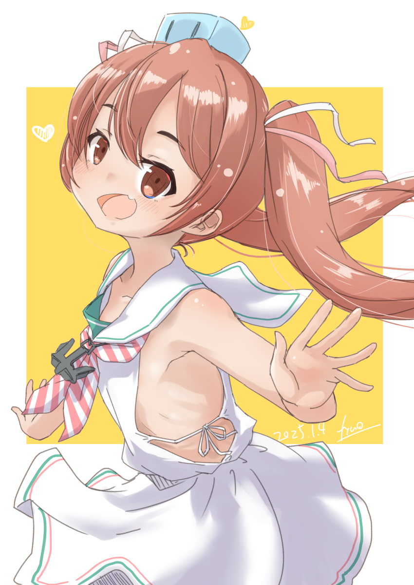 1girl absurdres anchor_ornament brown_eyes brown_hair creature_on_head dark-skinned_female dark_skin dress fang fyuo highres jiji_(creature) kantai_collection libeccio_(kancolle) long_hair looking_at_viewer low-cut_armhole neckerchief one-hour_drawing_challenge sailor_collar sailor_dress side-tie_dress smile solo striped_neckerchief twintails two-tone_background waving white_sailor_collar yellow_background