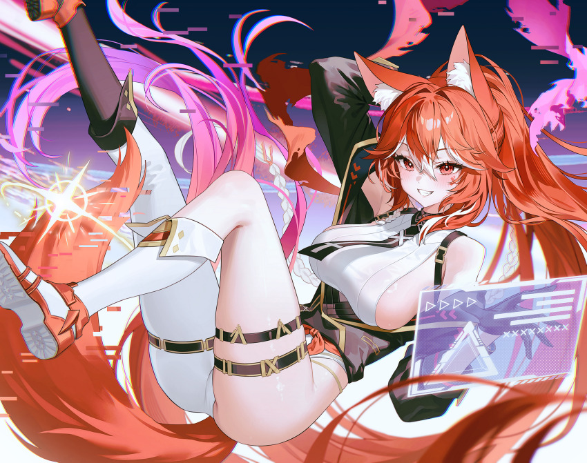 1girl absurdly_long_hair animal_ear_fluff animal_ears arm_up armpits ass asymmetrical_clothes asymmetrical_footwear bare_shoulders black_choker black_gloves black_jacket boots breasts chest_harness choker commentary_request commission cropped_jacket fox_ears fox_girl fox_tail fymrie glitch gloves gradient_hair grin harness highleg highres holographic_interface jacket knee_boots korean_commentary large_breasts legs_up long_hair long_sleeves looking_at_viewer mismatched_footwear multicolored_hair necktie off_shoulder open_clothes open_jacket orange_hair original pants panty_straps ponytail purple_hair red_eyes second-party_source shirt sideboob single_pantsleg skindentation sleeveless sleeveless_shirt smile solo streaked_hair tail thigh_strap thighs two-tone_hair very_long_hair white_pants white_shirt