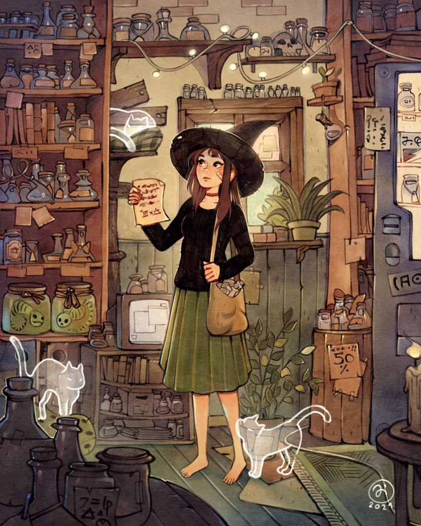 1girl artist_logo bag bandaid bandaid_on_cheek bandaid_on_face barefoot barrel black_hat black_shirt blush book brown_bag brown_hair cable candle cat choker closed_mouth commentary crt dated full_body ghost green_skirt hat highres holding holding_paper jar logo long_sleeves looking_up medium_hair original paper plant potion potted_plant red_choker rug runes sale satchel scenery shelf shirt sidelocks simz skirt skull sleeping_animal solo string_of_light_bulbs table vending_machine vial window witch_hat wooden_floor wooden_table
