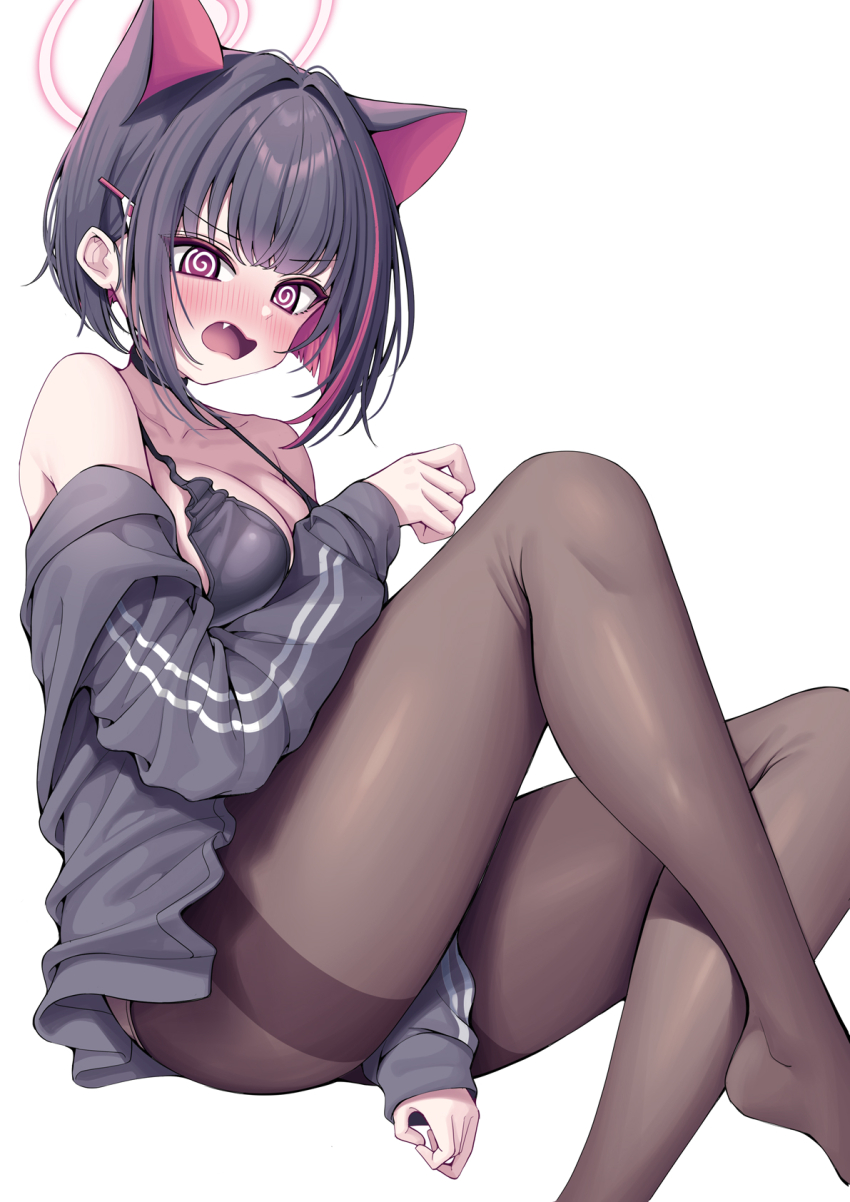 1girl @_@ animal_ears black_jacket blue_archive breasts brown_pantyhose cat_ears cat_girl cleavage commentary_request extra_ears hair_ornament hairclip halo highres jacket kazusa_(blue_archive) korean_commentary looking_at_viewer medium_breasts metaljelly multicolored_hair pantyhose pink_hair pink_halo simple_background solo two-tone_hair white_background