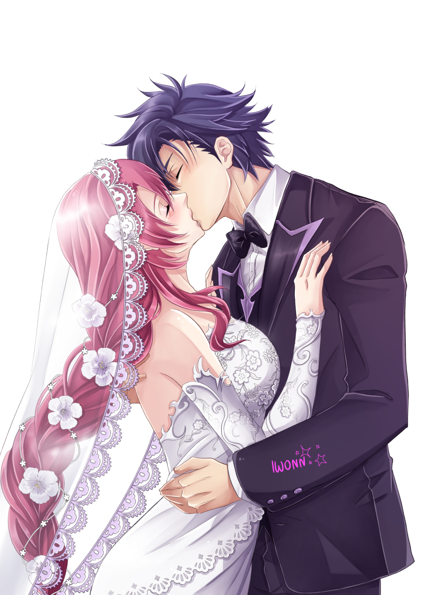 1boy 1girl absurdres artist_name backless_dress backless_outfit bare_shoulders black_bow black_bowtie black_hair bow bowtie braid breasts bridal_veil bride closed_eyes commentary commission curtained_hair detached_sleeves dress eiyuu_densetsu emma_millstein english_commentary french_kiss groom hair_between_eyes highres hug iwonn_(pixiv943160) kiss large_breasts parted_bangs pink_hair rean_schwarzer sen_no_kiseki_(series) short_hair sideburns simple_background single_braid strapless strapless_dress traditional_bowtie tuxedo veil wedding_dress white_background white_dress