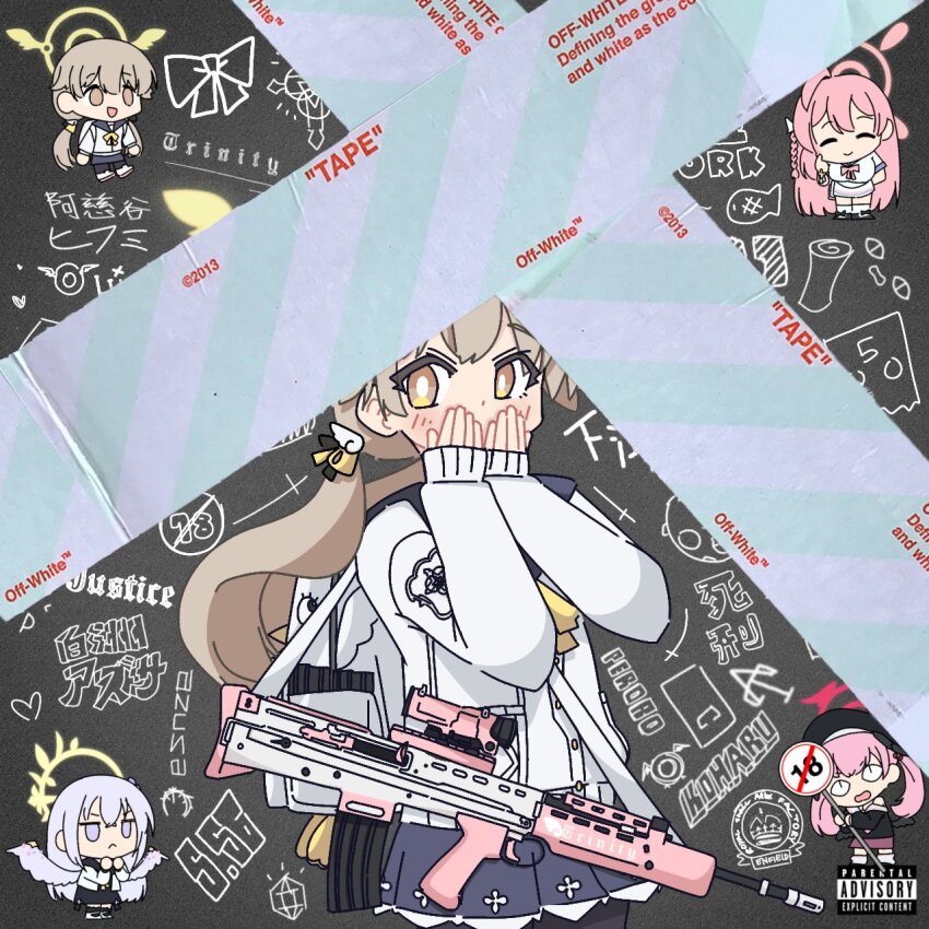 album_cover_redraw assault_rifle azusa_(blue_archive) blue_archive derivative_work drrnvevo duct_tape faust_(blue_archive) graffiti gun hanako_(blue_archive) hifumi_(blue_archive) highres koharu_(blue_archive) lil_uzi_vert luv_is_rage_2_(lil_uzi_vert) make-up_work_club_(blue_archive) monochrome off-white_(brand) parental_advisory pyroxene_(blue_archive) rifle tagme weapon