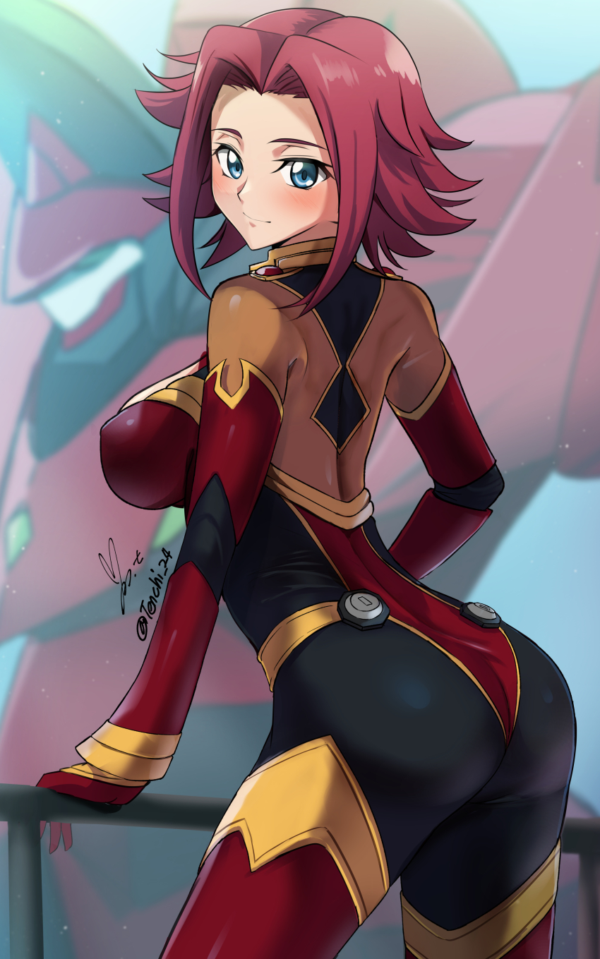1girl absurdres ass blue_eyes blush bodysuit breasts character_request check_character closed_mouth code_geass commentary flipped_hair guren_(code_geass) guren_mk-ii hair_intakes hand_on_railing highres knightmare_frame kouzuki_kallen large_breasts looking_at_viewer mecha multicolored_bodysuit pilot_suit red_hair robot science_fiction short_hair signature skin_tight smile turning_head twitter_username yoo_tenchi