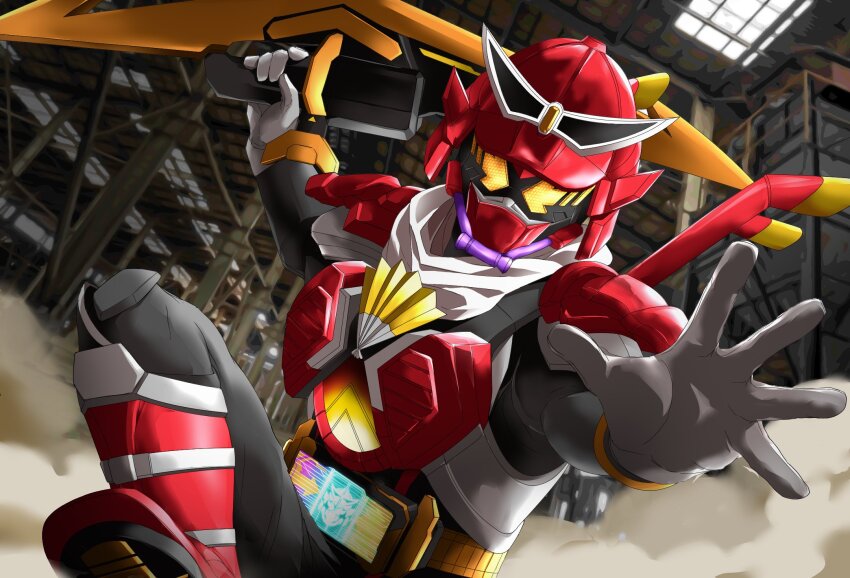 1boy alternate_costume armor black_bodysuit bodysuit bow_(weapon) foreshortening gloves highres holding holding_sword holding_weapon japanese_armor kamen_rider kamen_rider_gotchard kamen_rider_gotchard_(series) leg_up looking_at_viewer male_focus miyabi_(037) official_alternate_costume open_hand orange_eyes over_shoulder red_armor red_footwear scarf smoke sword warehouse weapon weapon_over_shoulder white_gloves white_scarf