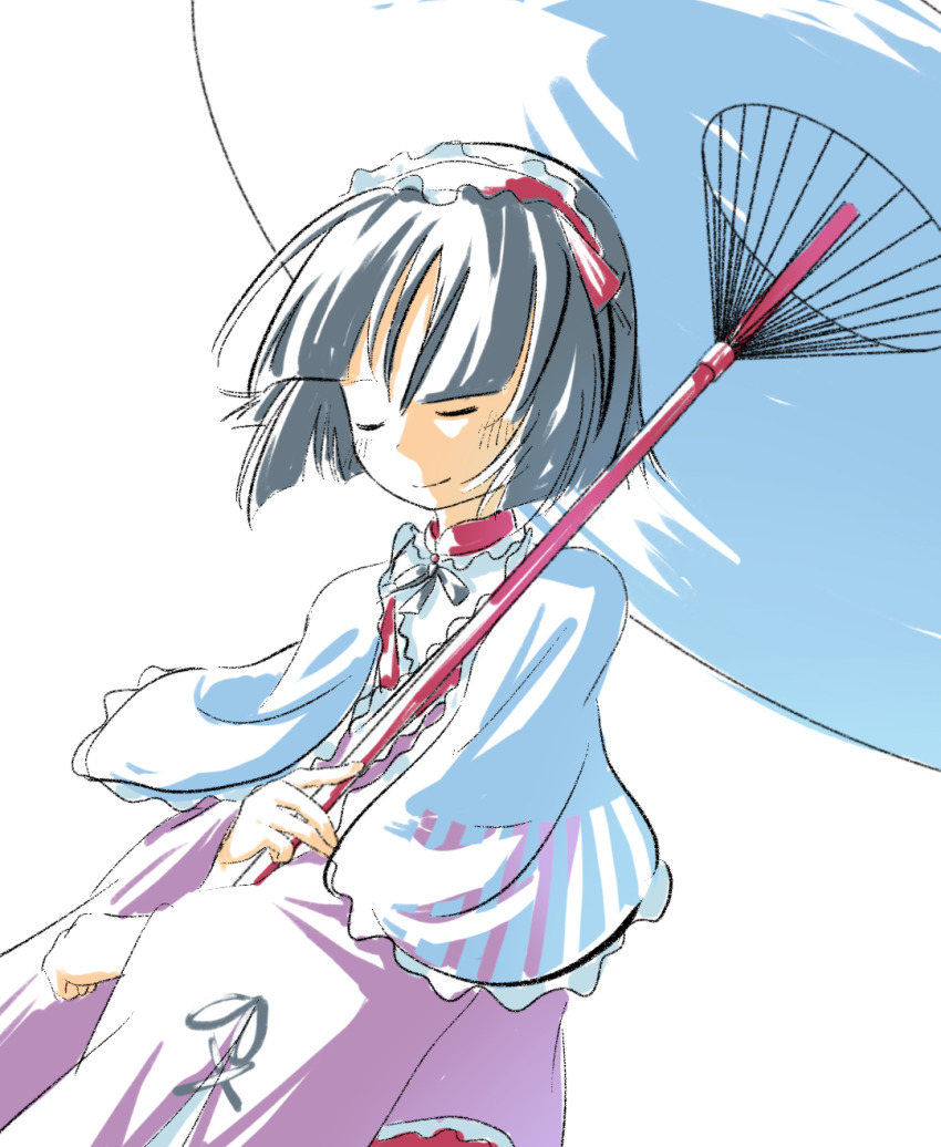 1other adapted_costume amanomiya_jun androgynous baila_kuangzi black_hair black_ribbon capelet closed_eyes closed_mouth highres len&#039;en long_sleeves neck_ribbon other_focus pink_sweater ribbon simple_background solo sweater upper_body white_background white_capelet wide_sleeves