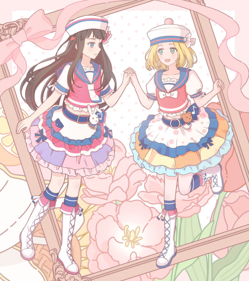 2girls belt black_hair blonde_hair blue_belt blue_eyes blue_socks border classicaloid collarbone empty_picture_frame flower hat highres holding_hands idol midriff multiple_girls musical_note_ornament picture_frame pink_border pink_flower pink_ribbon puffy_short_sleeves puffy_sleeves pyotr_illyich_tchaikovsky_(classicaloid) rabbit_ornament red_shirt rena_(hakuro_rena) ribbon sailor_collar shirt short_sleeves socks teddy_bear_ornament tekla_badarzewska-baranowska_(classicaloid) white_footwear white_hat