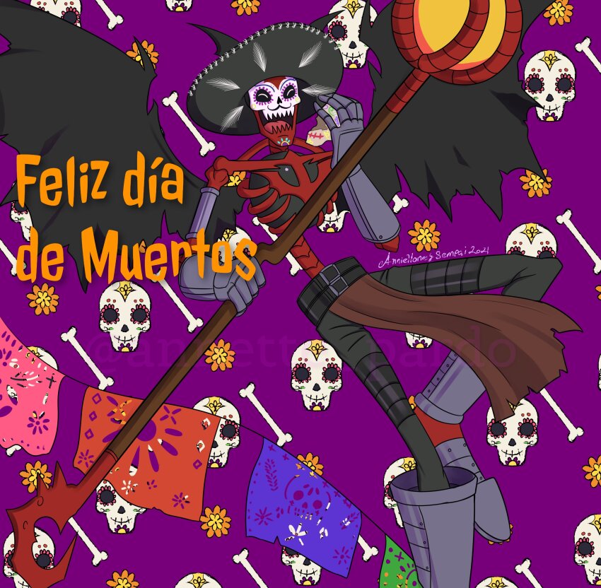 absurdres dia_de_muertos digimon digimon_(creature) gloves hat highres skeleton skull skullsatamon solo wings