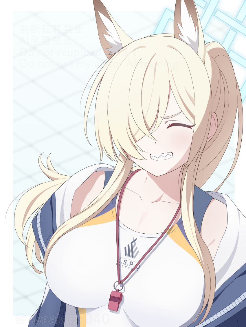 1girl :d ^_^ animal_ear_fluff animal_ears bare_shoulders blonde_hair blue_archive blue_halo blurry blurry_background border breasts closed_eyes collarbone commentary dog_ears dog_girl extra_ears facing_viewer floating_hair grin hair_over_one_eye halo highres impossible_clothes impossible_swimsuit iwaaiso5040 jacket kanna_(blue_archive) kanna_(swimsuit)_(blue_archive) large_breasts long_bangs long_hair official_alternate_costume official_alternate_hairstyle one-piece_swimsuit one_eye_covered open_clothes open_jacket open_mouth outside_border ponytail rectangular_halo sharp_teeth sidelocks smile solo swimsuit teeth twitter_username upper_body v-shaped_eyebrows watermark whistle whistle_around_neck white_border white_one-piece_swimsuit