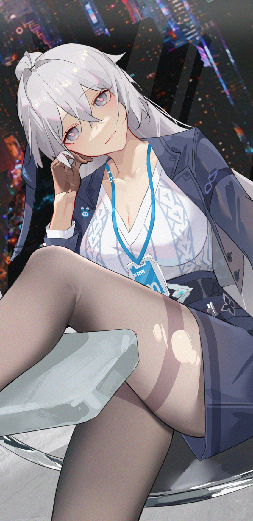 1girl absurdres black_gloves black_pantyhose blue_jacket blue_skirt breasts bronya_zaychik bronya_zaychik_(outstanding_attitude) bronya_zaychik_(silverwing:_n-ex) building cityscape cleavage closed_mouth comet-c gloves grey_eyes grey_hair grey_sweater highres honkai_(series) honkai_impact_3rd id_card jacket large_breasts long_hair looking_at_viewer office_lady official_alternate_costume pantyhose sitting skirt skyscraper solo sweater torn_clothes torn_pantyhose