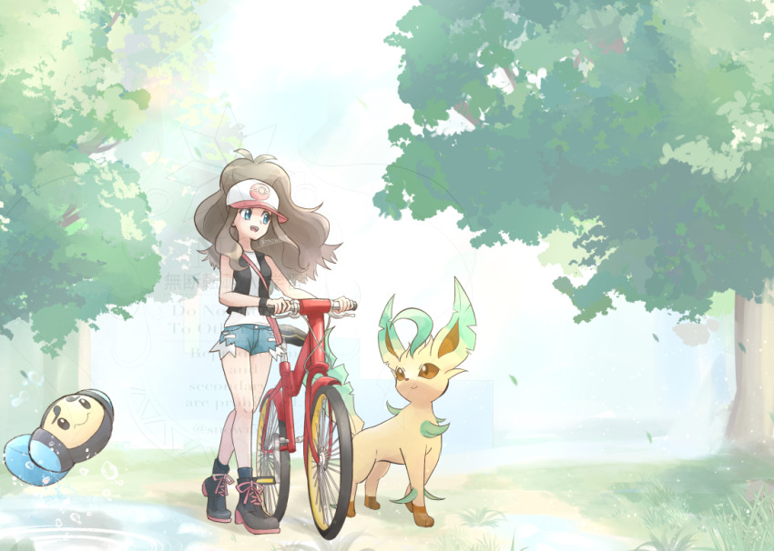1girl :d bicycle black_footwear black_vest blue_eyes blue_shorts brown_hair full_body gen_4_pokemon gen_5_pokemon hat high_ponytail hilda_(pokemon) leafeon long_hair nintendo open_clothes open_mouth open_vest outdoors pokemon pokemon_(creature) pokemon_bw ponytail pushing_bicycle shirt shoes short_shorts shorts sleeveless sleeveless_shirt smile snow_(ffgf7255) teeth tree twitter_username tympole upper_teeth_only vest white_hat white_shirt