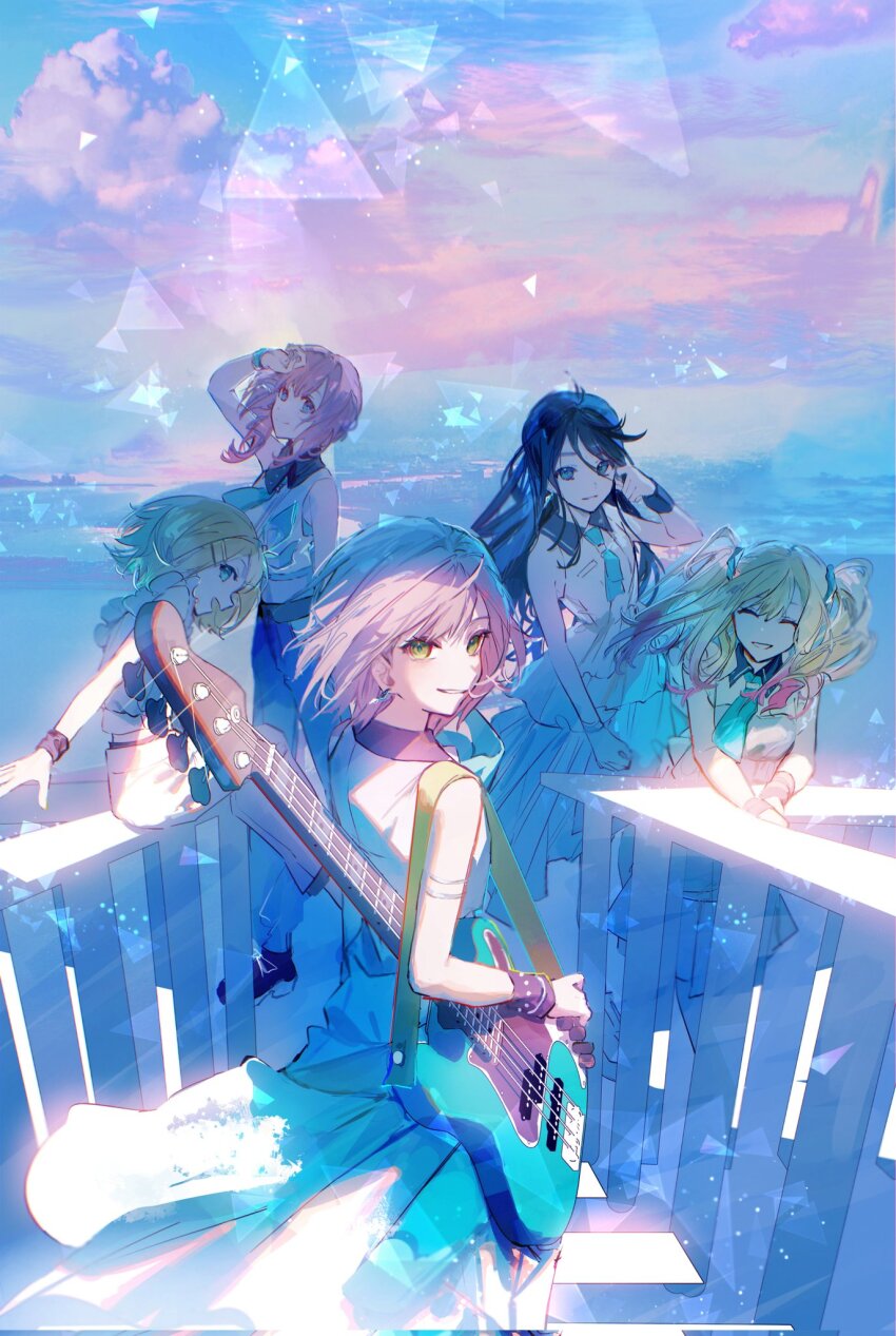 5girls against_railing armband black_hair blonde_hair blue_eyes blue_neckerchief blue_sky brown_hair cloud cloudy_sky collared_dress collared_shirt commentary cropped_shirt dress frilled_dress frills green_eyes grey_hair hair_ornament hairband hairclip highres hinomori_shiho hoshino_ichika_(project_sekai) kagamine_rin karanagare leaning_forward leo/need_(project_sekai) leo/need_rin light_particles long_hair looking_at_viewer mochizuki_honami multiple_girls neckerchief ocean official_alternate_costume pants pink_hair platform_footwear platform_heels pleated_skirt project_sekai purpose_(vocaloid) railing shirt side_ponytail skirt sky sleeveless sleeveless_shirt standing stick_to_your_faith_(project_sekai) sunset swept_bangs tenma_saki twintails water white_dress white_footwear white_hairband white_pants white_skirt wristband