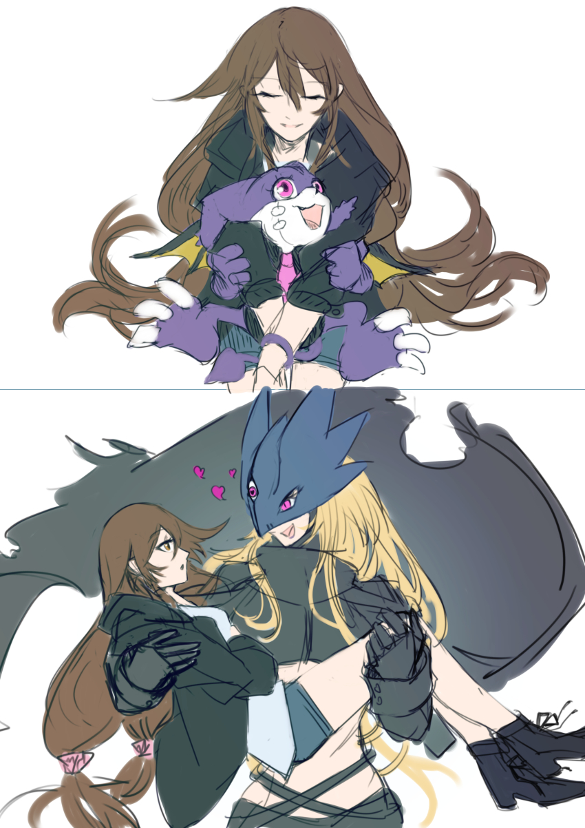 absurdres ai_(digimon) beelstarmon belt blonde_hair breasts brown_hair cape claws digimon digimon_(creature) highres large_breasts long_hair looking_at_another mask medium_breasts petitmamon smile third_eye underboob