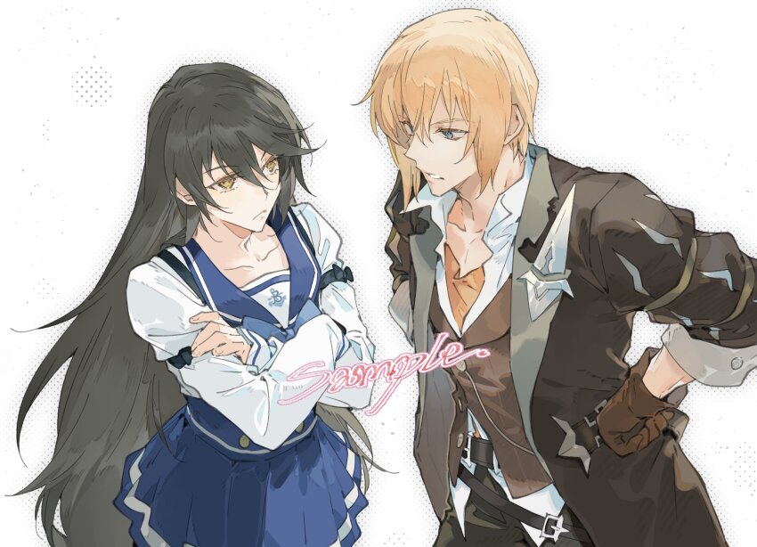 1boy 1girl belt black_coat black_hair black_pants blonde_hair blue_bow blue_eyes blue_sailor_collar blue_skirt bow brown_vest clenched_hands coat collared_shirt eizen_(tales) gloves hair_between_eyes hands_on_own_hips high-waist_skirt highres long_hair long_sleeves looking_at_another male_focus multiple_belts official_alternate_costume orange_undershirt pants sailor_collar sample_watermark school_uniform shirt short_hair simple_background skirt suspender_skirt suspenders tales_of_(series) tales_of_berseria upper_body velvet_crowe velvet_crowe_(school_uniform) very_long_hair vest watermark white_background white_shirt xing_20 yellow_eyes