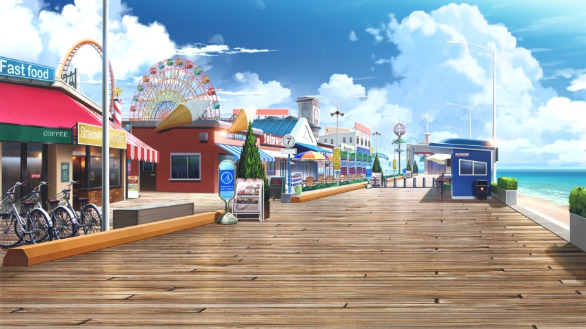 beach bicycle bicycle_rack bistro_table boardwalk bush carnival chair cloud cloudy_sky day english_text ferris_wheel highres horizon lamppost no_humans non-web_source official_art our_life our_life:_beginnings_and_always outdoors roller_coaster scenery shore sign sky trash_can tree variant_set vending_cart water window wooden_chair wooden_floor